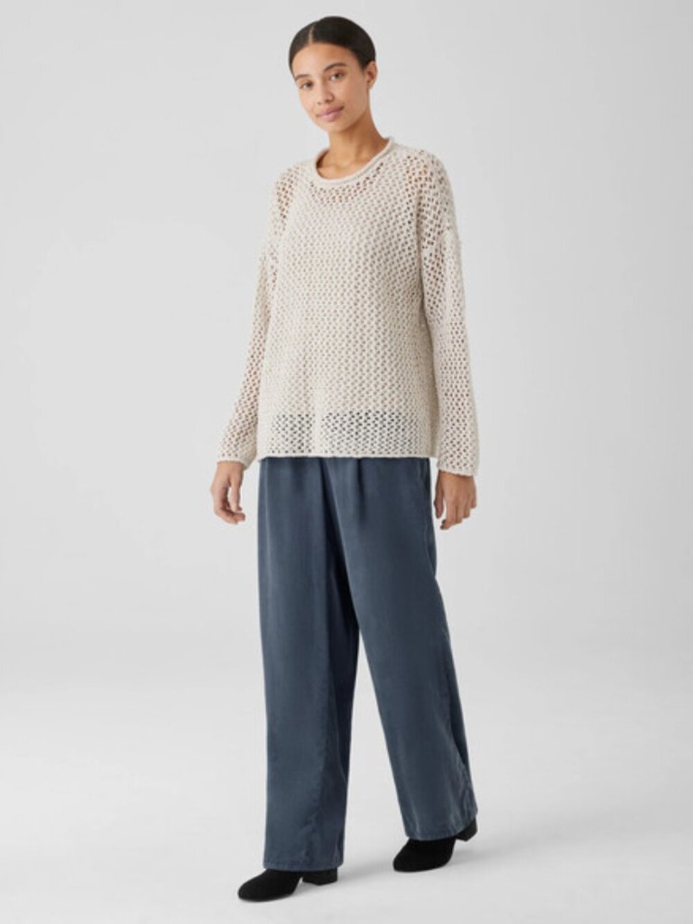 Eileen Fisher Womens XXS Peruvian Organic Cotton Boucle Crew Neck Top Crochet